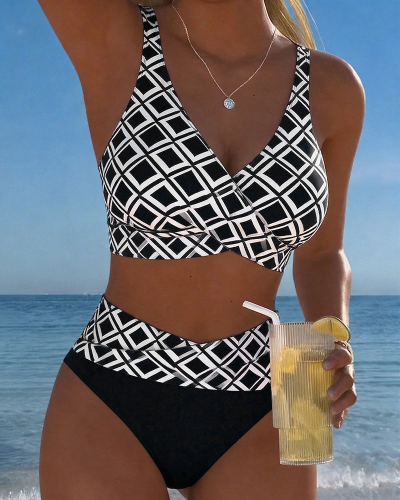 Women's Geometric Print V-Neck High Waisted Bikini Set