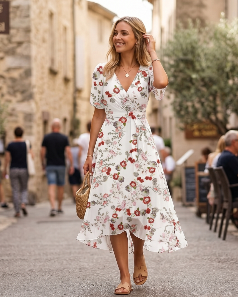 Floral Wrap Midi Dress with Flutter Sleeves