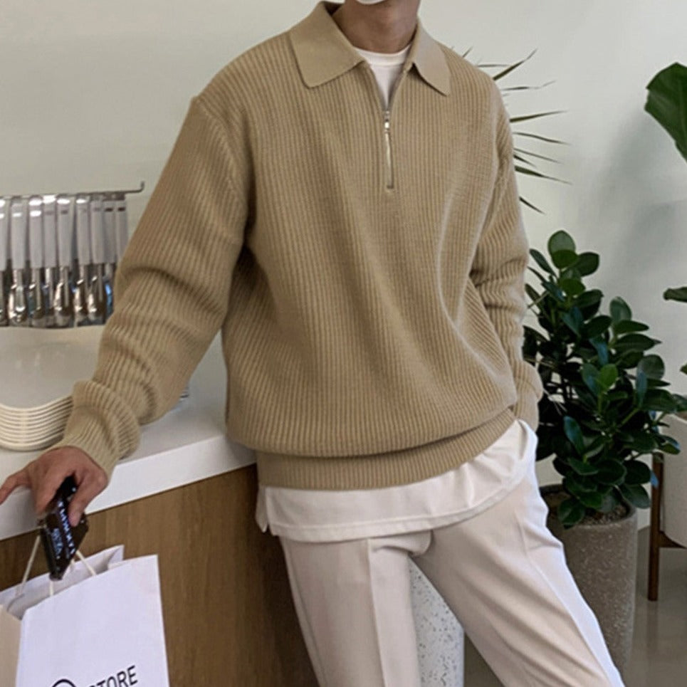 Men's ribbed polo sweater with fold-over collar and quarter-zip front