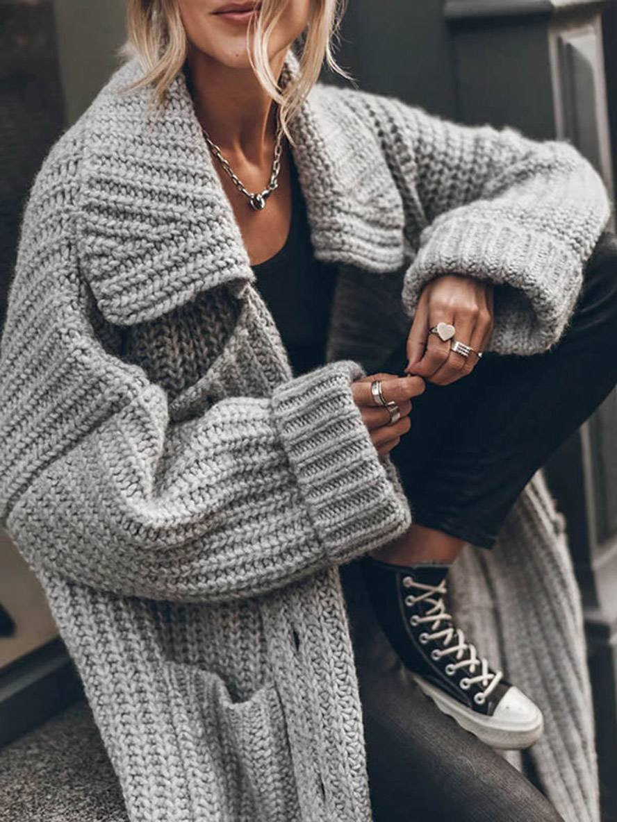 Cardigan long à revers pour femme, oversize, en maille côtelée épaisse