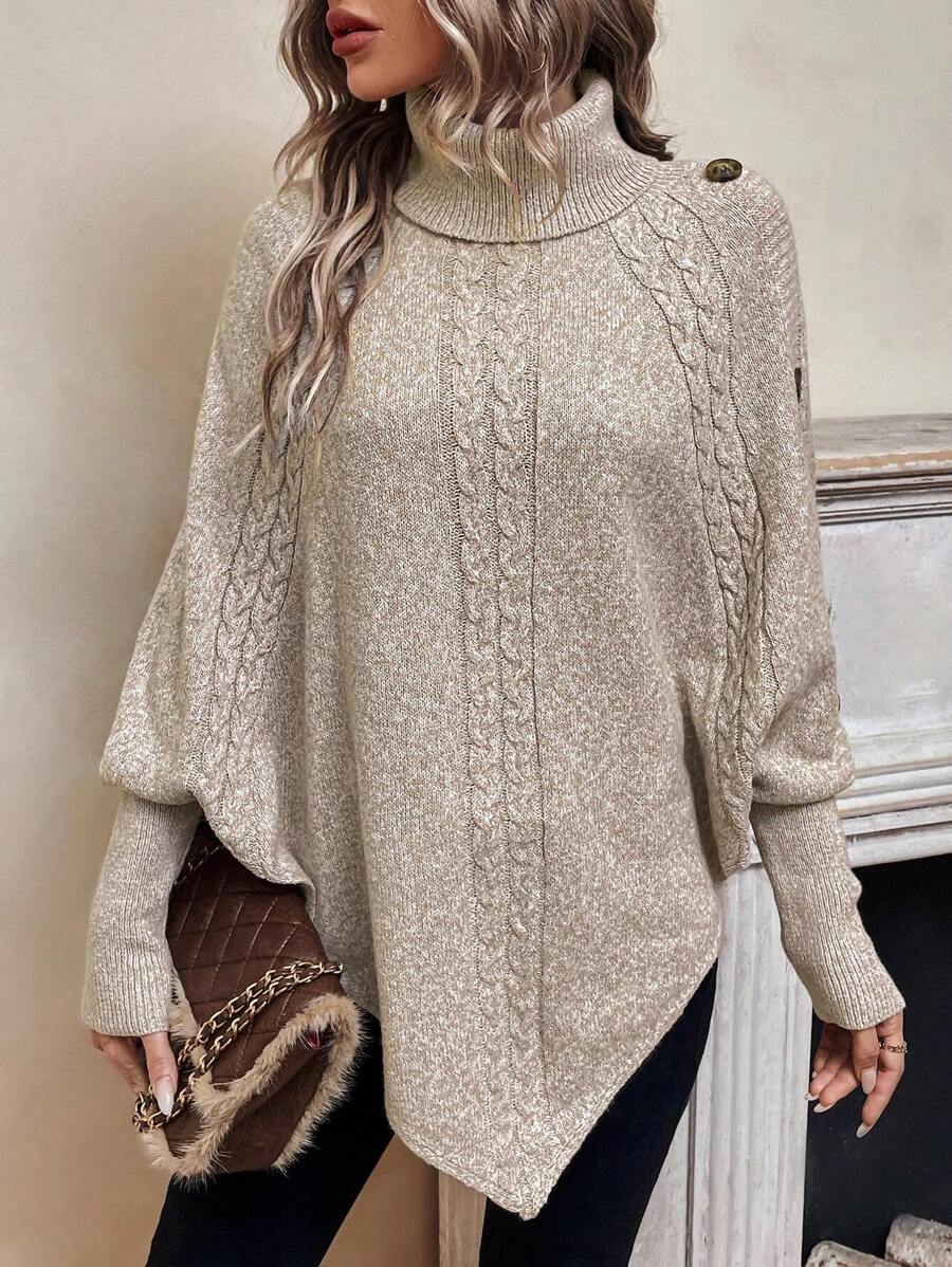 Women's Cable Knit Turtleneck Poncho Sweater