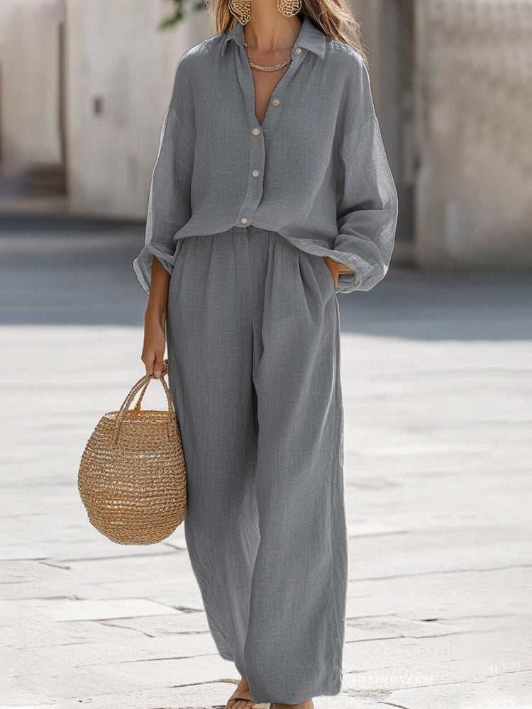 Ensemble chemise à manches longues boutonnée sur le devant et pantalon à jambes larges