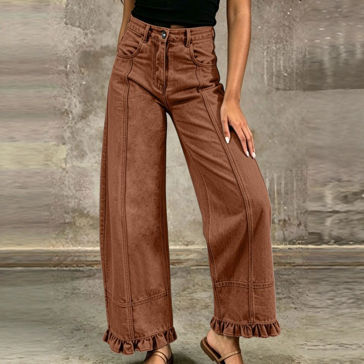 Women's Wide Leg Jeans with Ruffle Hem Detail