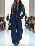Denim Wide Leg Jumpsuit with Contrast Stitch Front Zip