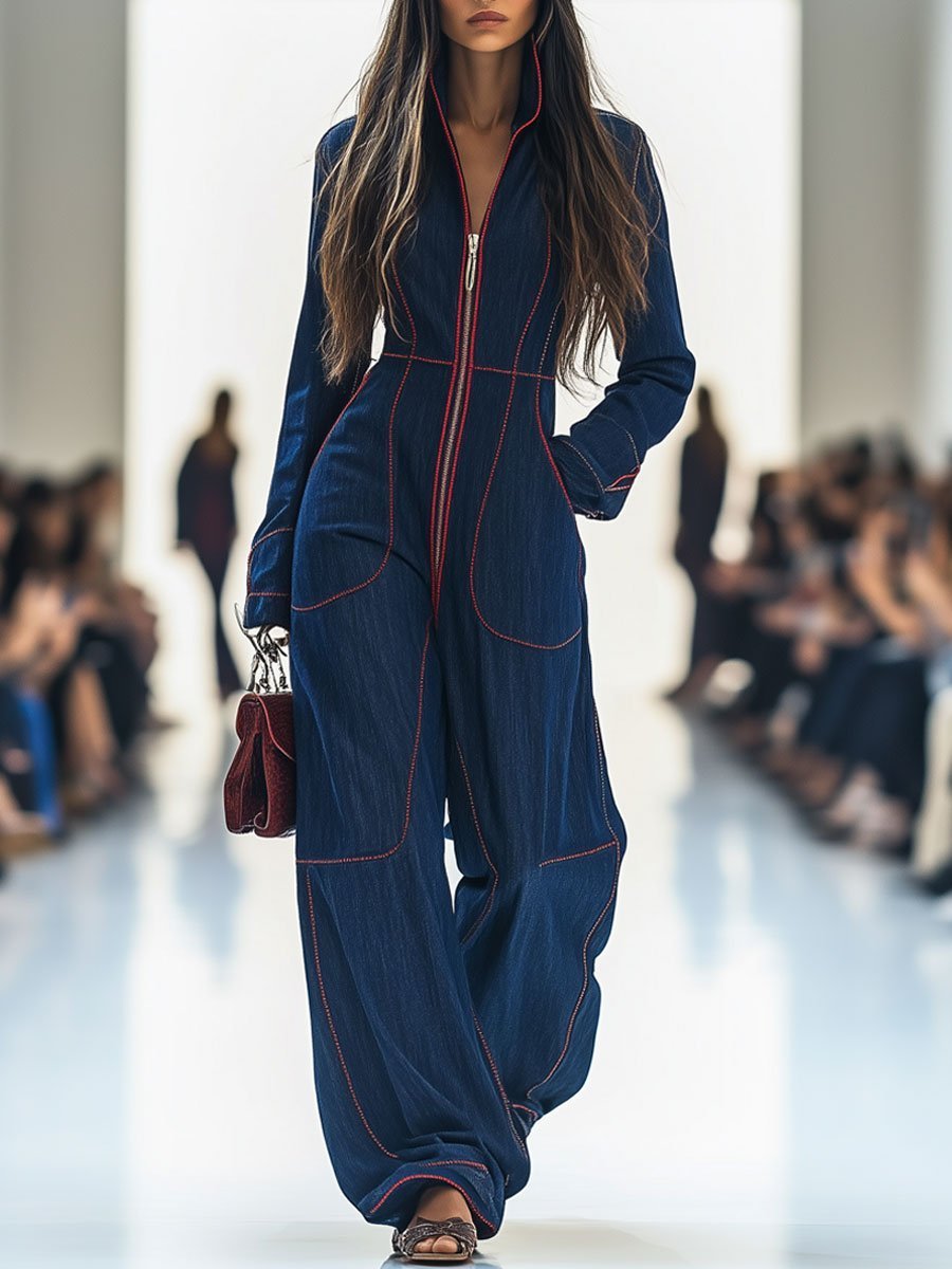 Denim Wide Leg Jumpsuit with Contrast Stitch Front Zip