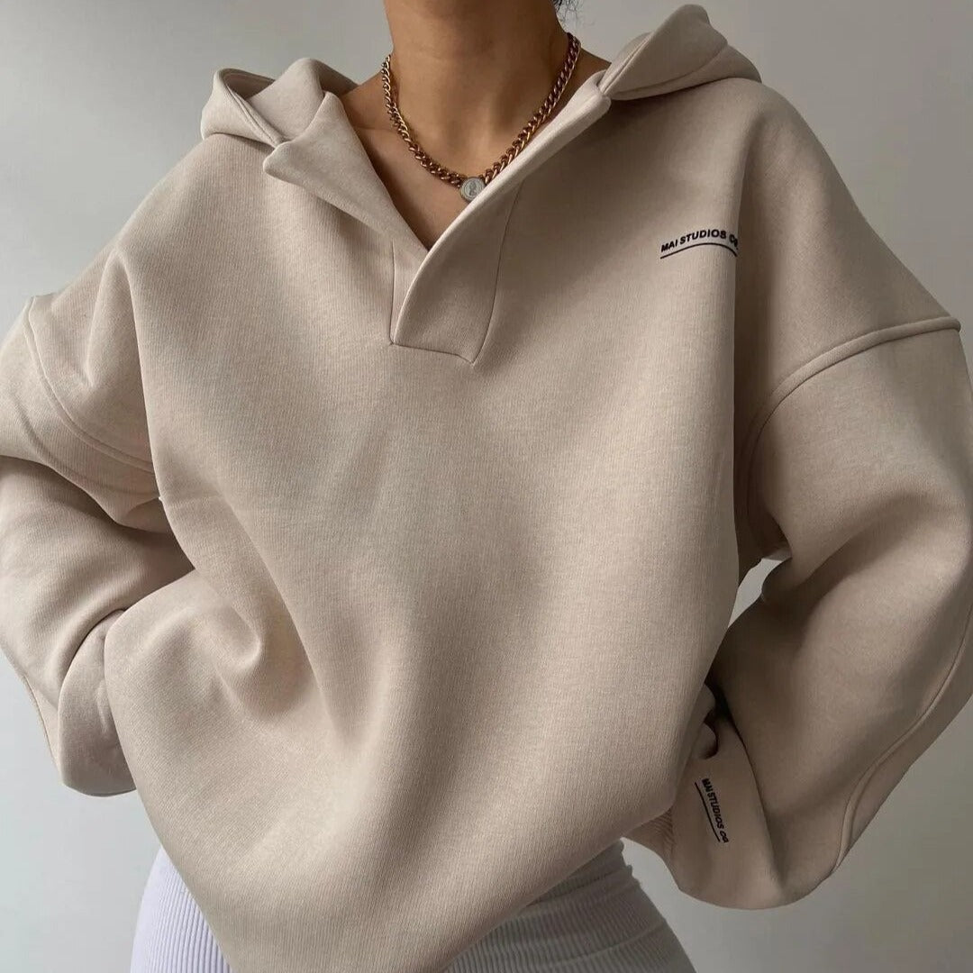 Women's Oversized Polo Hoodie with Open Collar