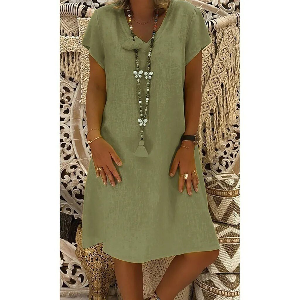 V-Neck Linen Shift Dress with Short Sleeves