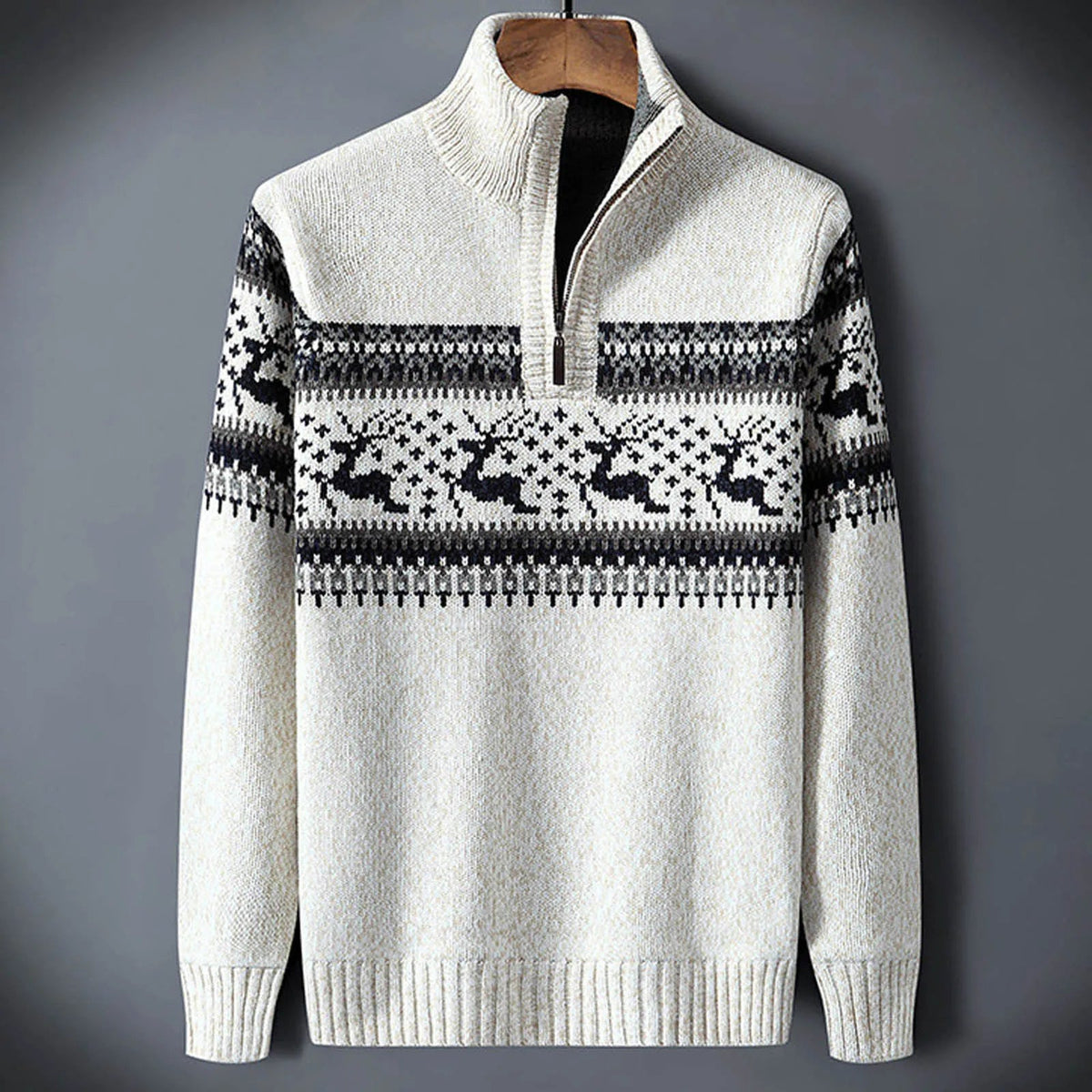 Men's Fair Isle Half Zip Sweater with Reindeer Pattern