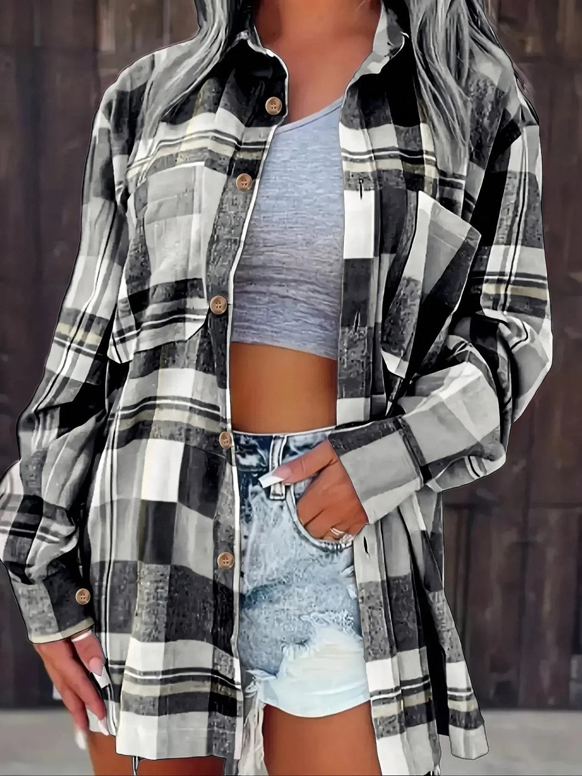 Women's Oversized Plaid Flannel Button-Up Shirt Jacket