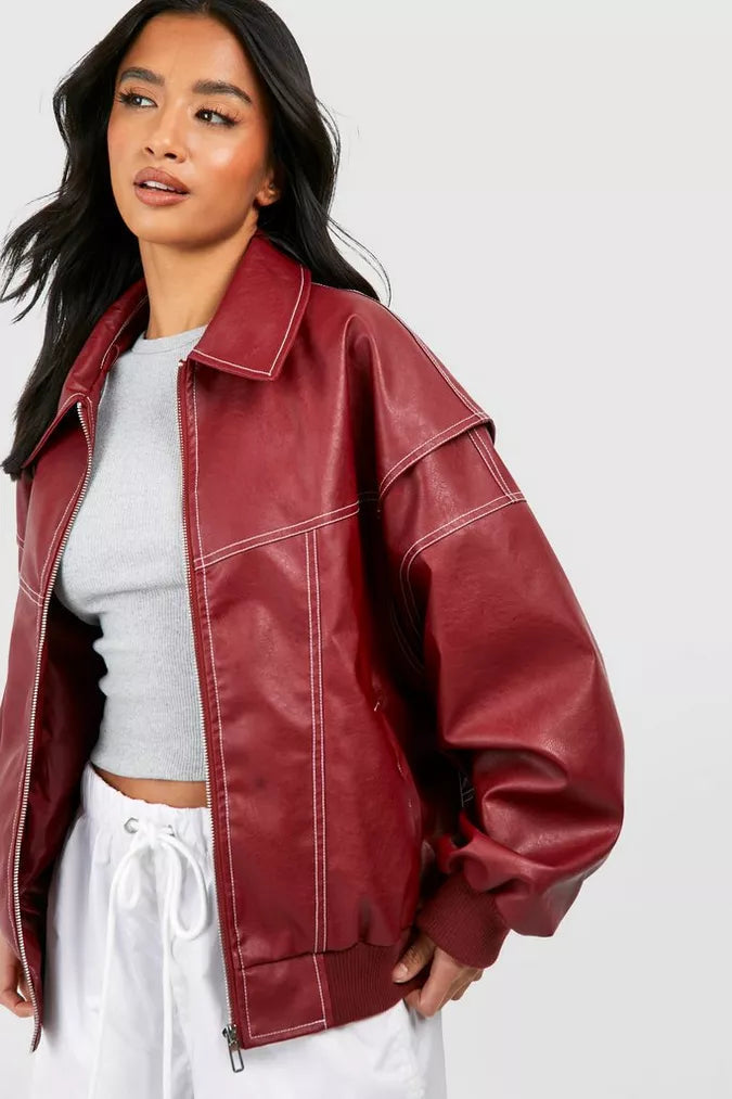 Veste oversize pour femme en cuir vegan à surpiqûres contrastées