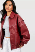 Veste oversize pour femme en cuir vegan à surpiqûres contrastées