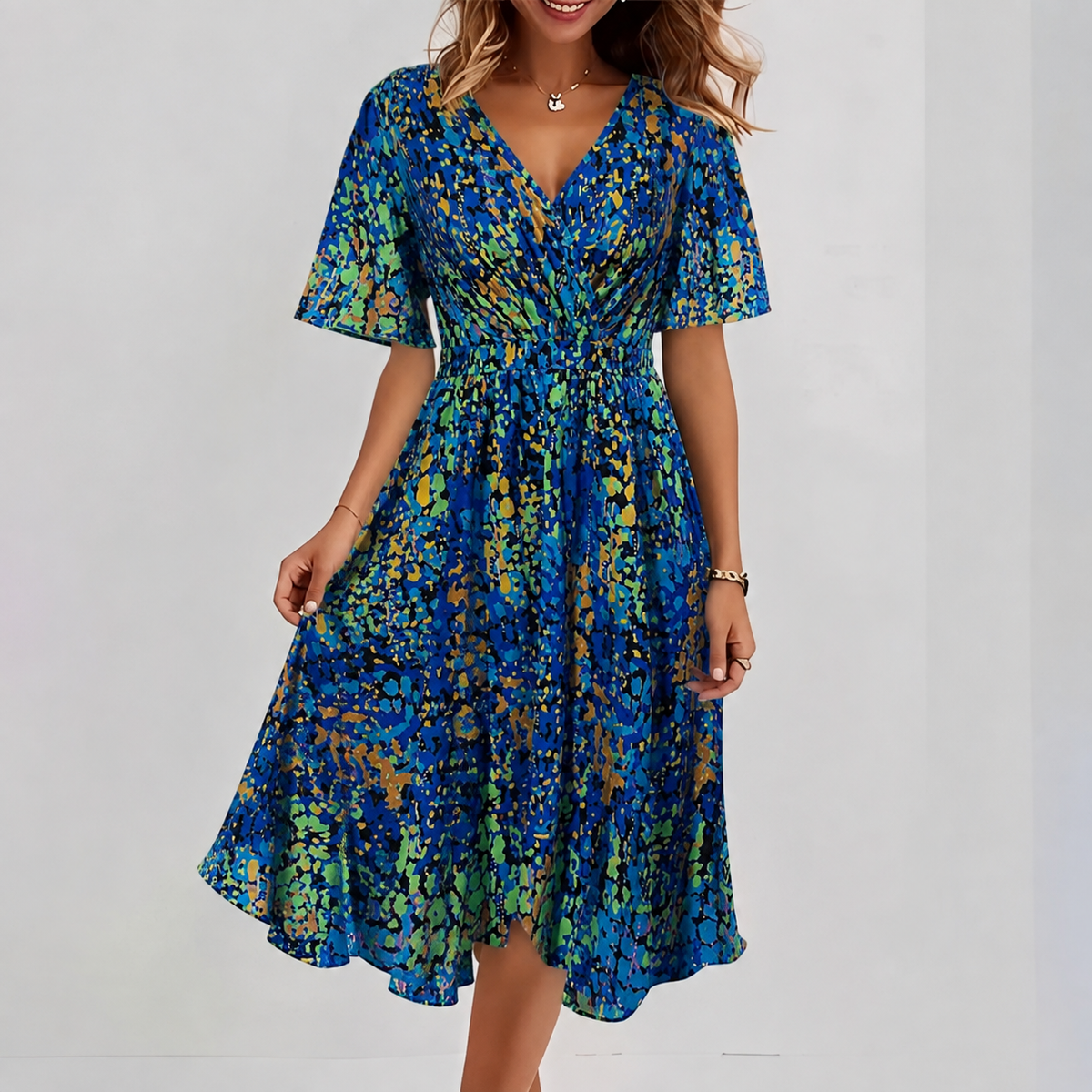 Women's Ditsy Floral V-Neck Fit and Flare Midi Dress