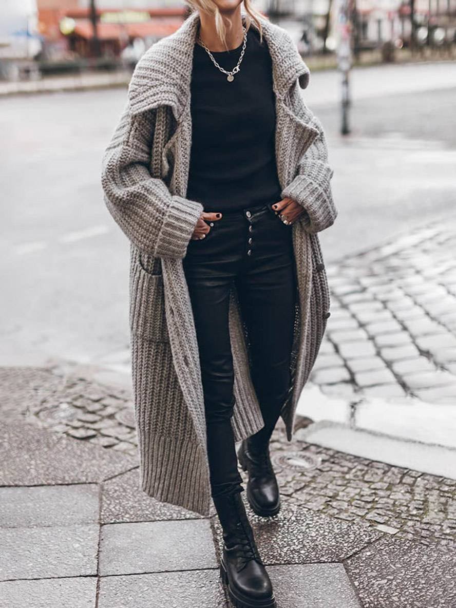 Cardigan long à revers pour femme, oversize, en maille côtelée épaisse