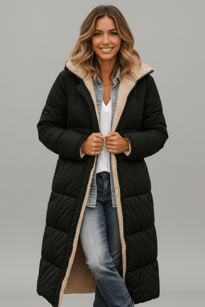 Women's Long Puffer Coat with Faux Shearling Trim
