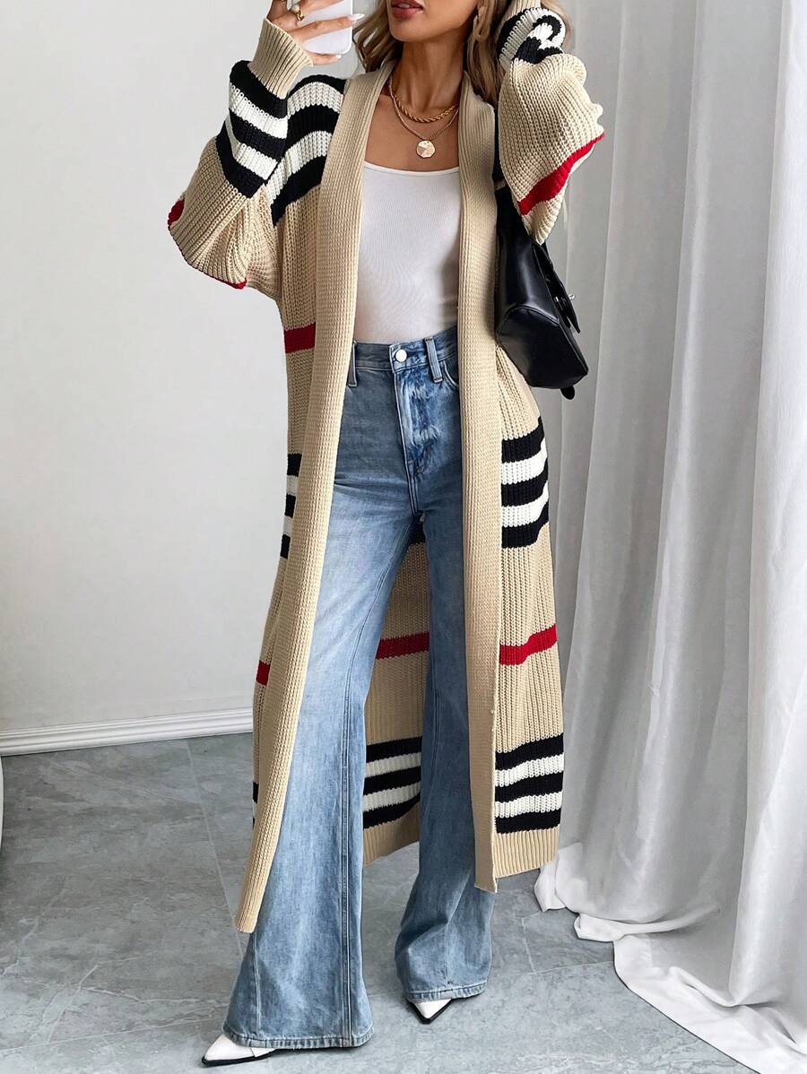 Women's Striped Colour Block Open Front Maxi Cardigan