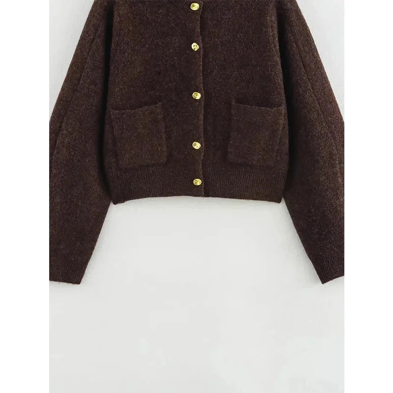 Cardigan en maille court pour femme, à col rond et boutonné