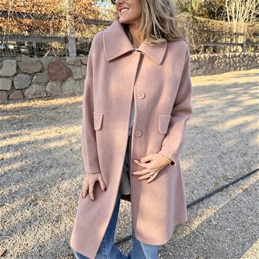 Women's Longline Coat with Flap Pockets and Point Collar