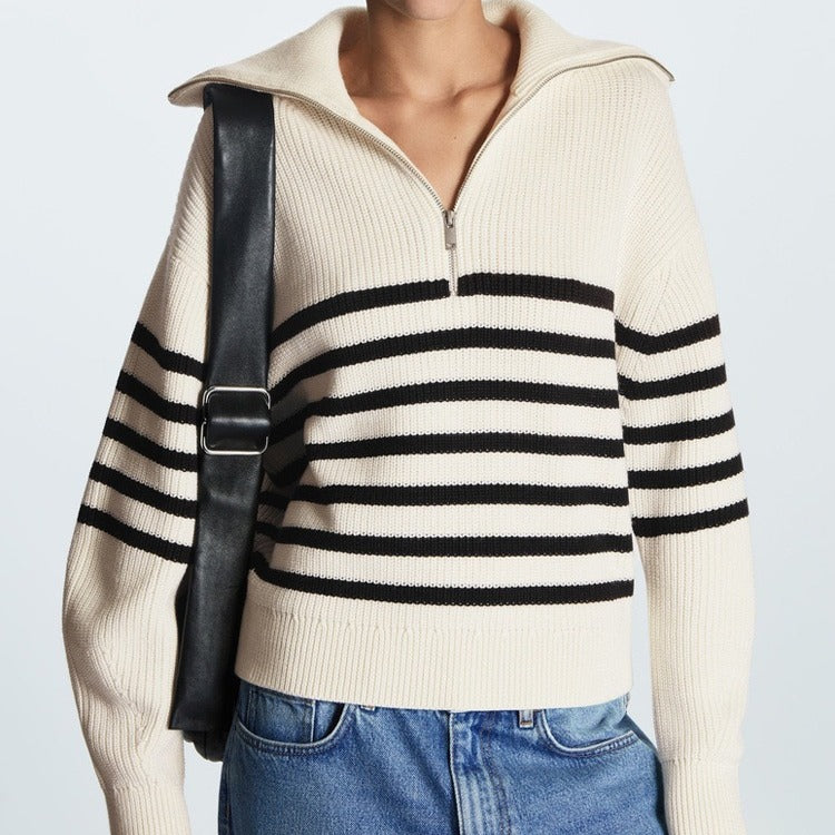 Women's Striped Half-Zip Ribbed Collar Knit Sweater
