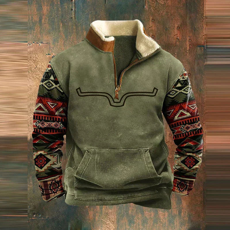 Sweat-shirt vintage pour homme à imprimé aztèque, demi-zip