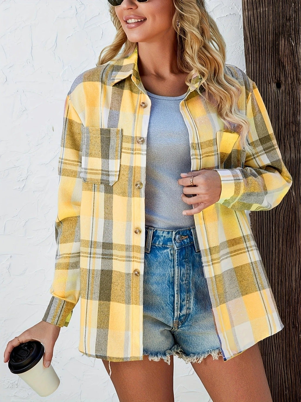 Surchemise-chemise en flanelle à carreaux oversize pour femme, boutonnée
