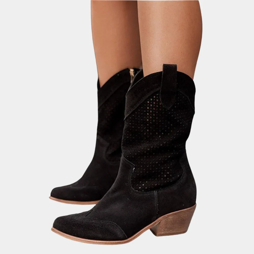 Perforated Western Block Heel Mid-Calf Boots
