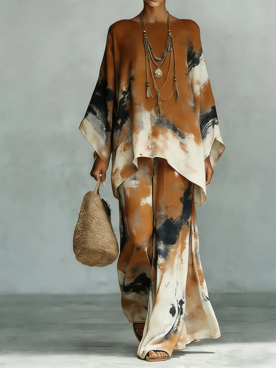 Ensemble deux pièces pour femme à manches chauve-souris et imprimé tie-dye