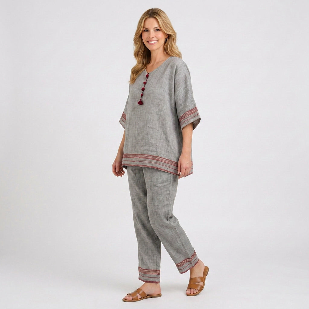 Embroidered Trim Linen Tunic and Trouser Set
