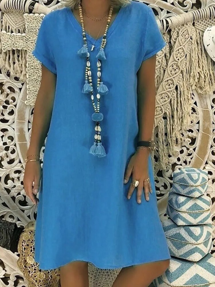 V-Neck Linen Shift Dress with Short Sleeves