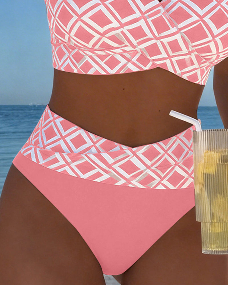 Ensemble bikini pour femme à imprimé géométrique, col en V et taille haute
