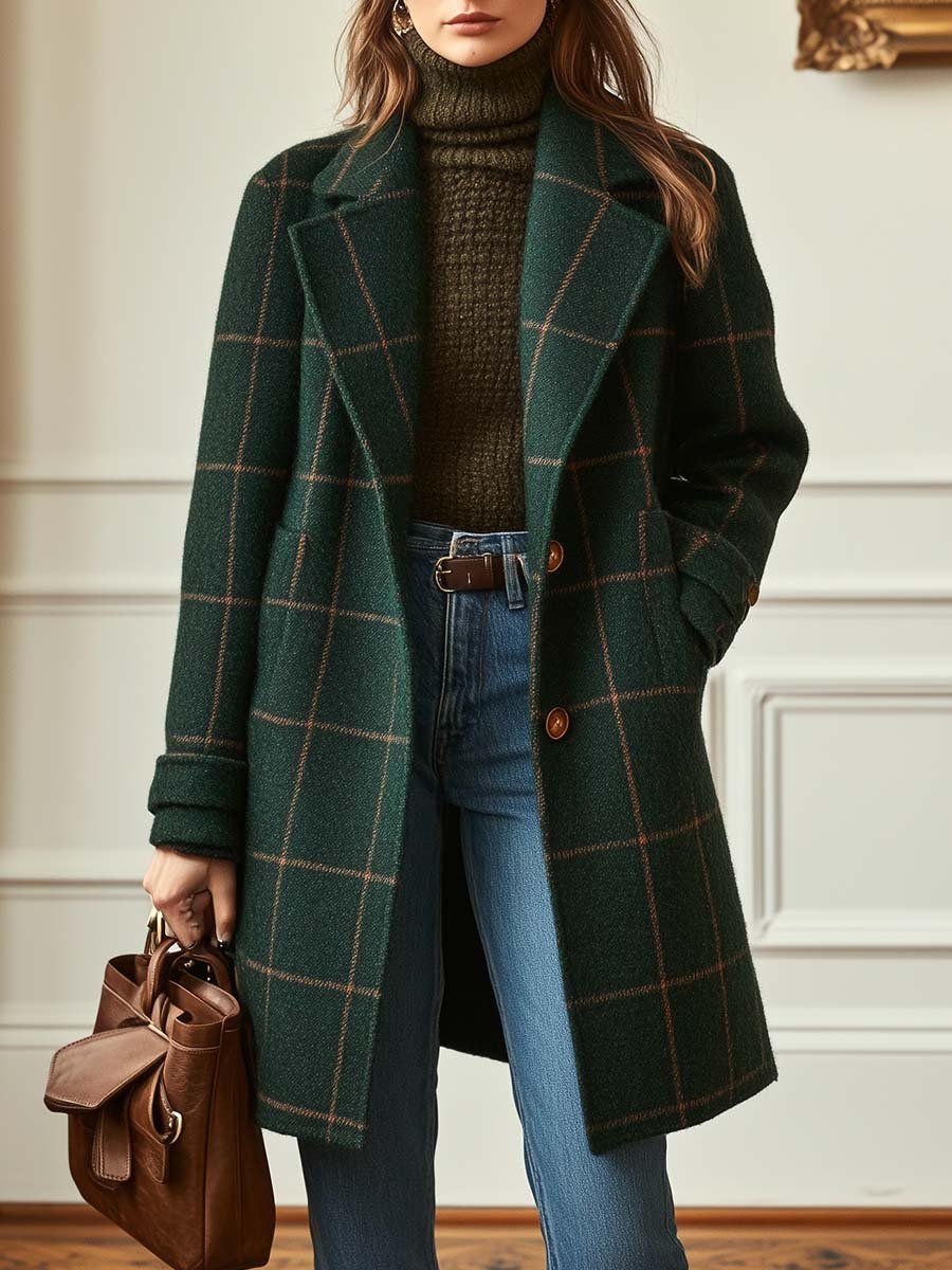 Manteau long pour femme en mélange de laine à carreaux fenêtre