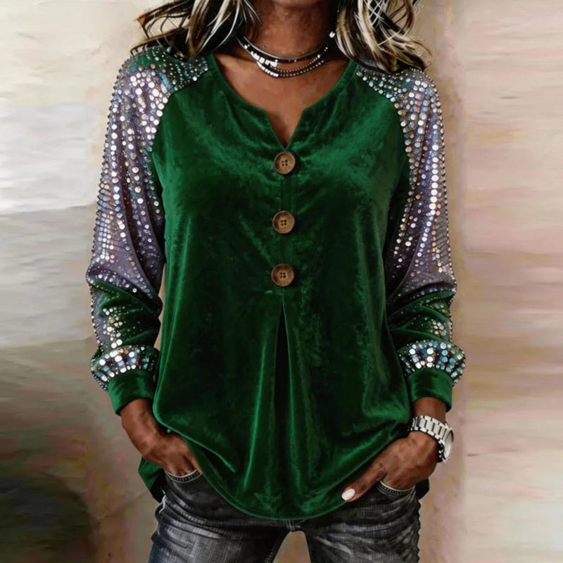 Women's Sequin Sleeve Velvet Button-Up Top