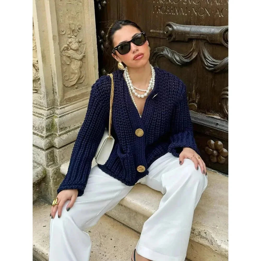 Cardigan boutonné en grosse maille pour femme avec poches