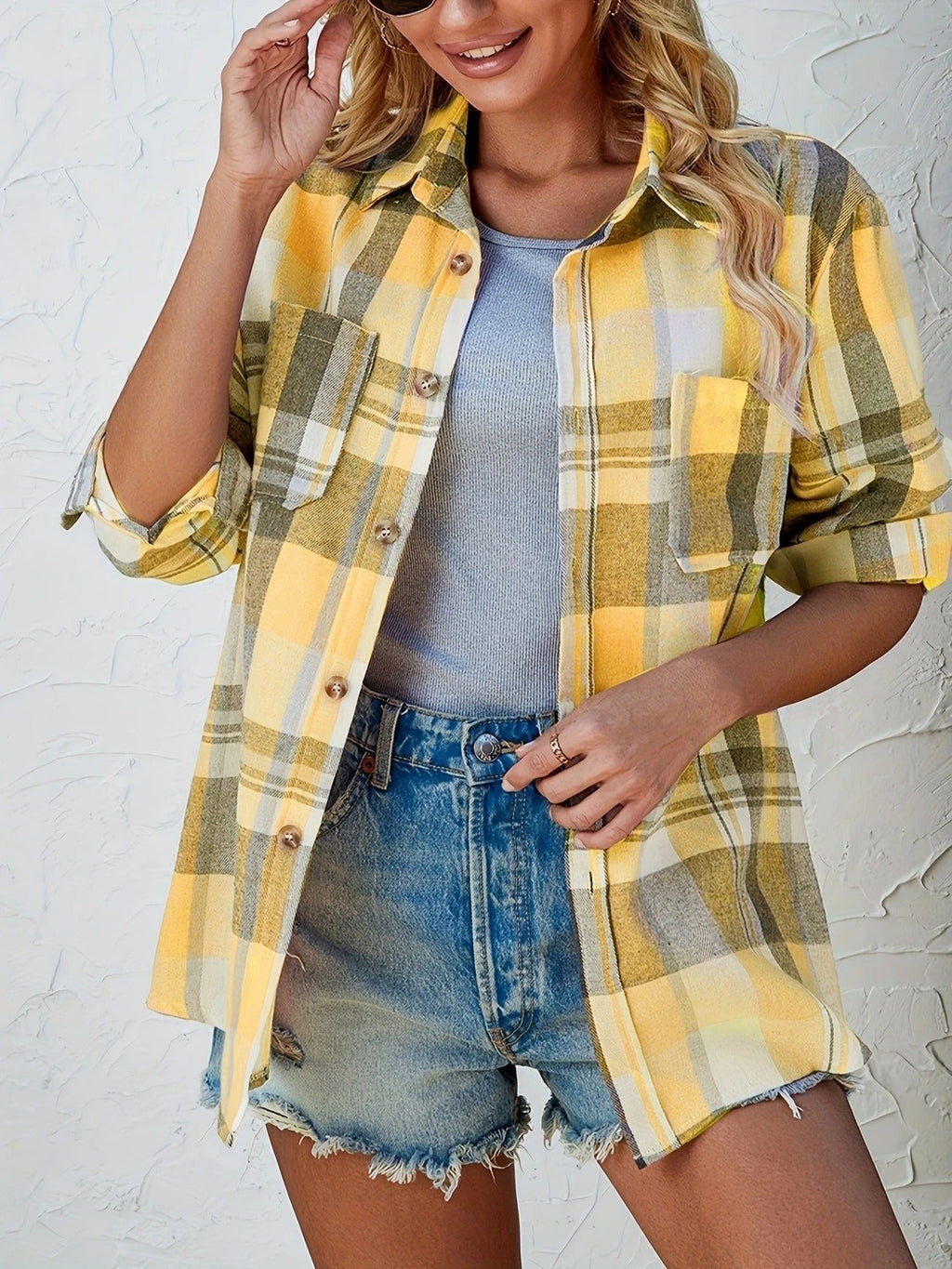 Surchemise-chemise en flanelle à carreaux oversize pour femme, boutonnée