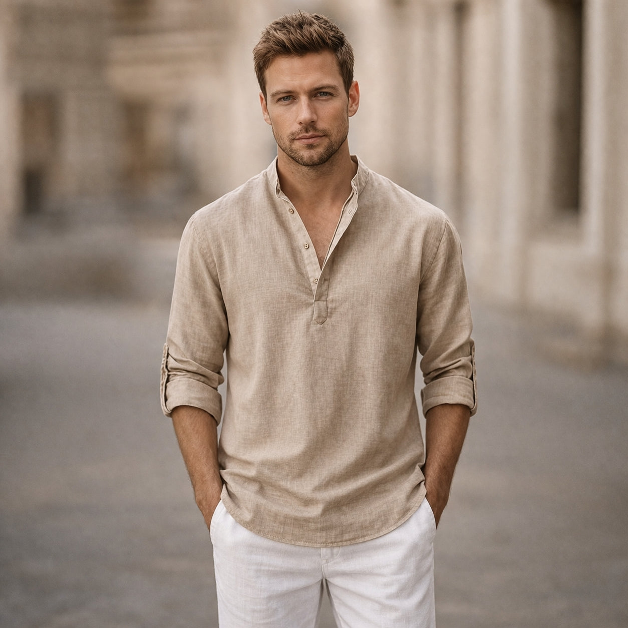 Chemise Henley en lin à manches longues avec col officier