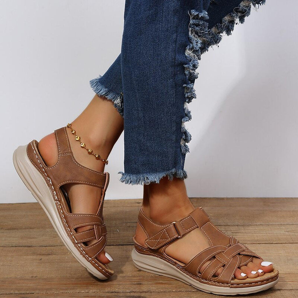 Braided Strap T-Bar Comfort Wedge Sandals