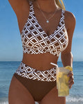 Ensemble bikini pour femme à imprimé géométrique, col en V et taille haute