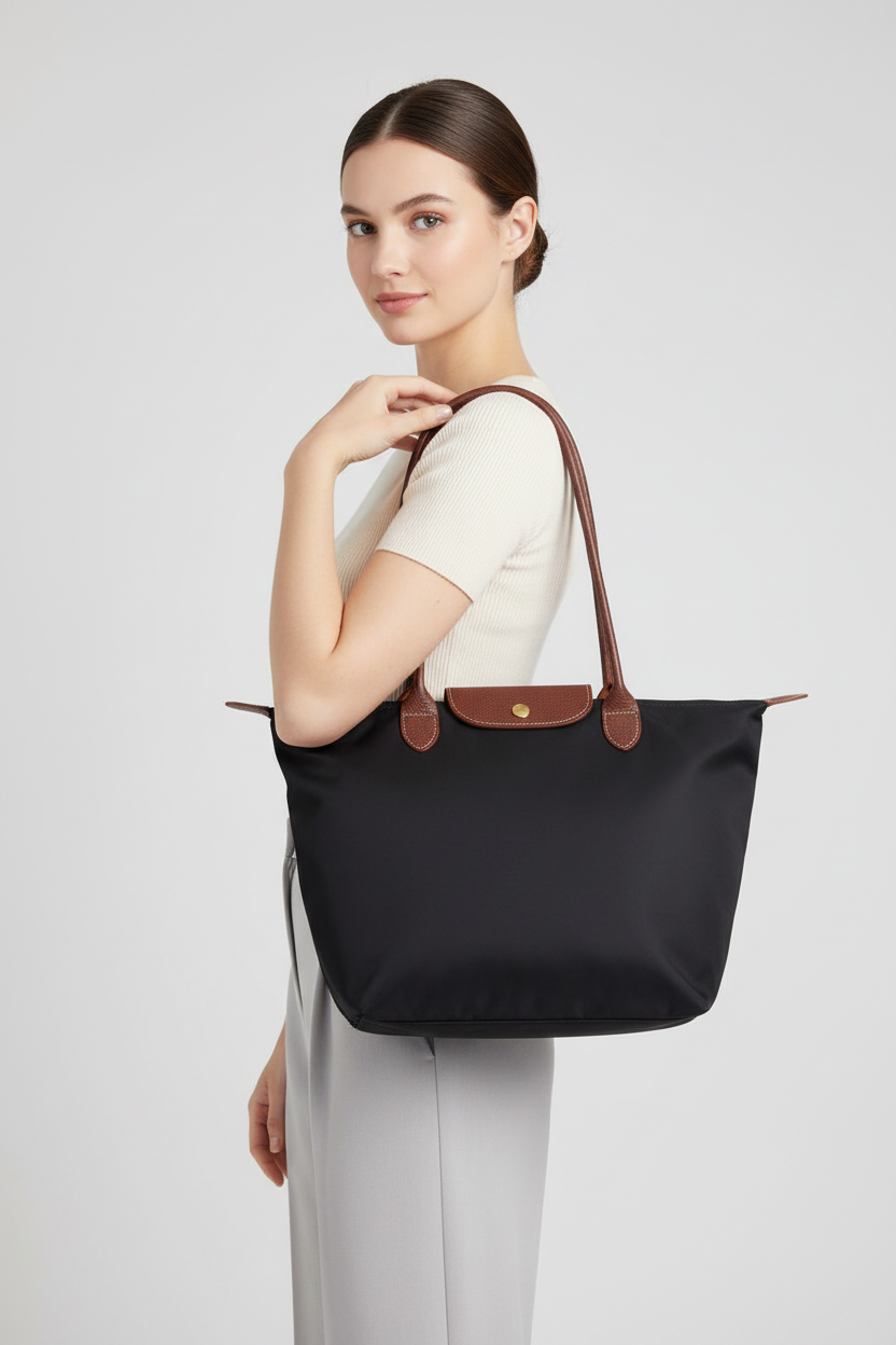 Foldable Nylon Tote Bag with Leather Trim