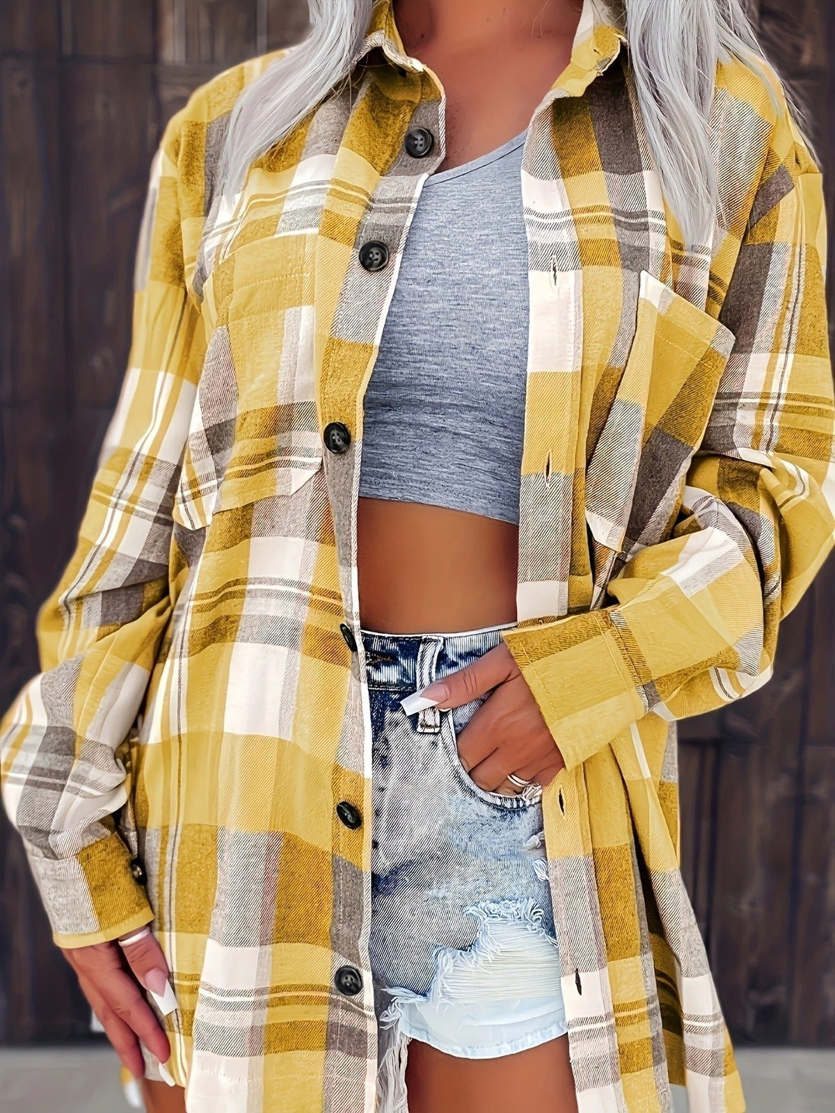 Women's Oversized Plaid Flannel Button-Up Shirt Jacket
