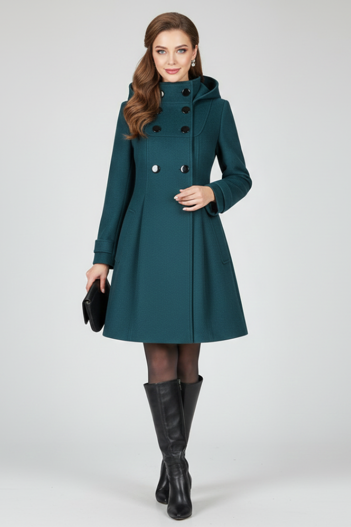Women's Hooded Double Button Fit and Flare Coat