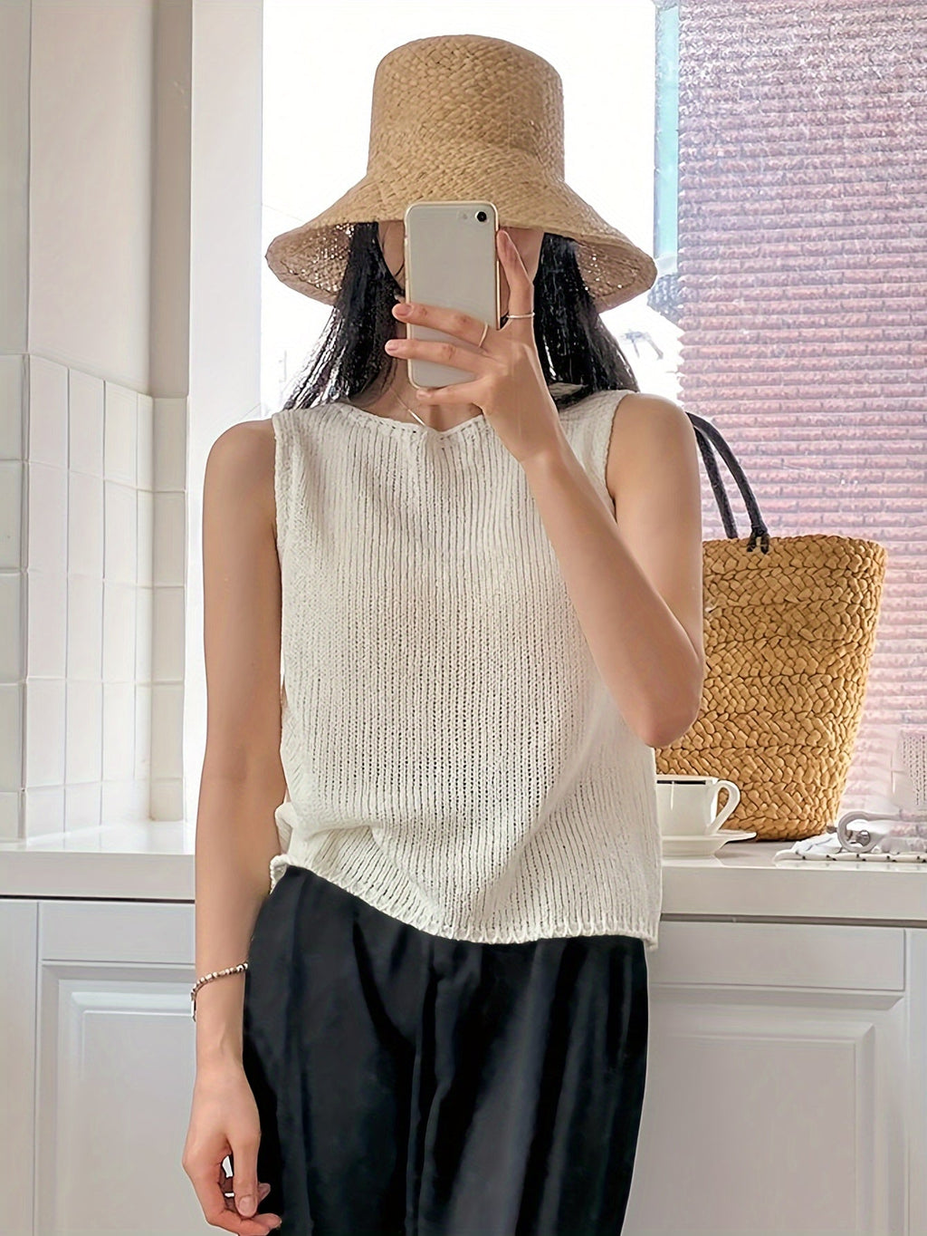 Open Knit Sleeveless Round Neck Tank Top