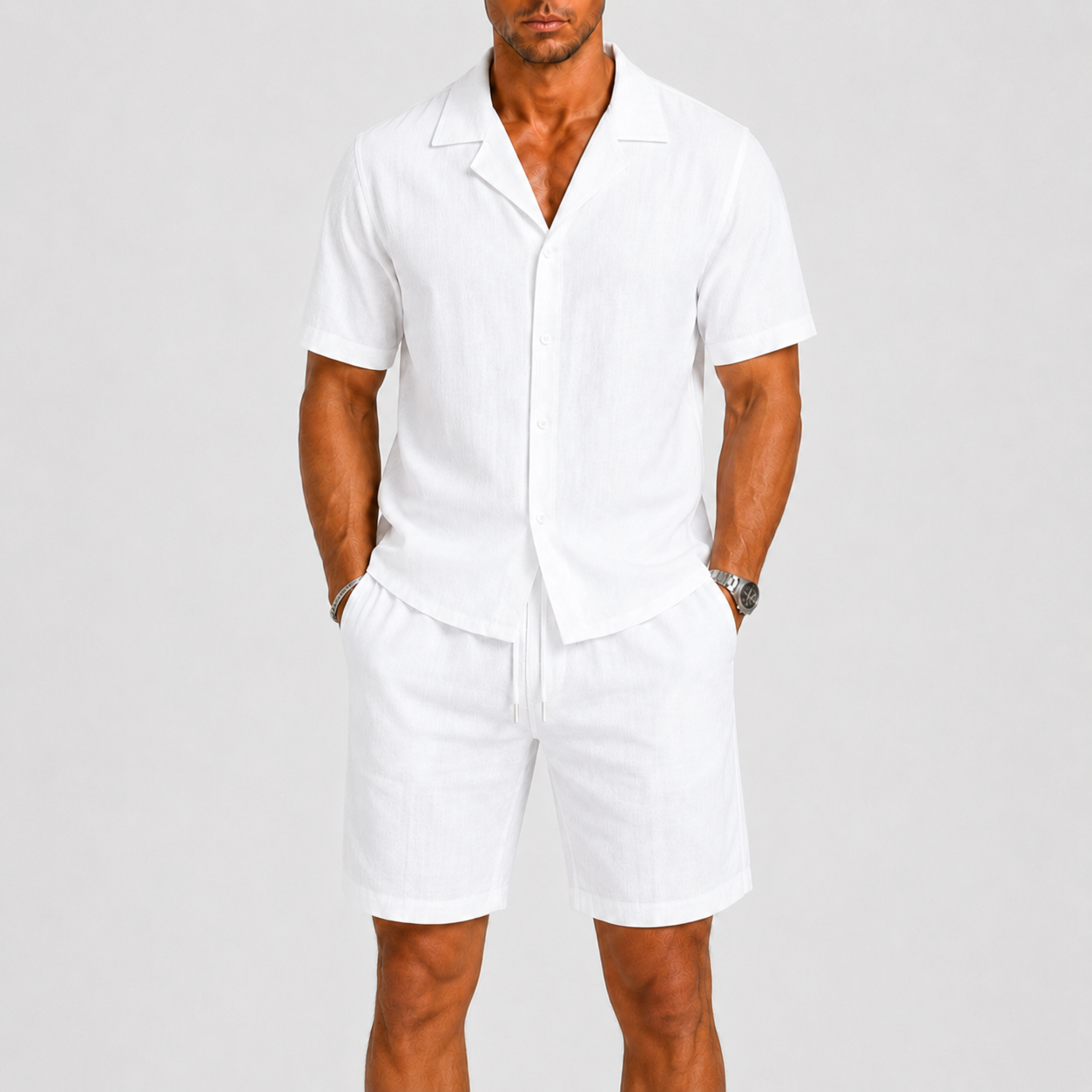 Ensemble deux pièces composé d’une chemise à col cubain texturé et d’un short
