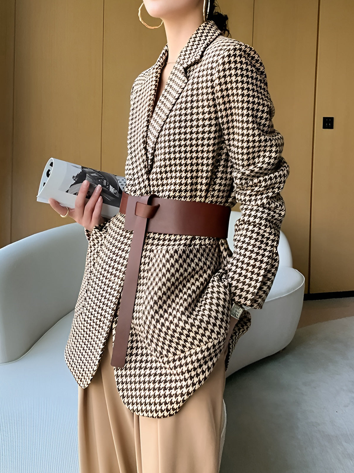 Women's Houndstooth Belted Blazer Jacket