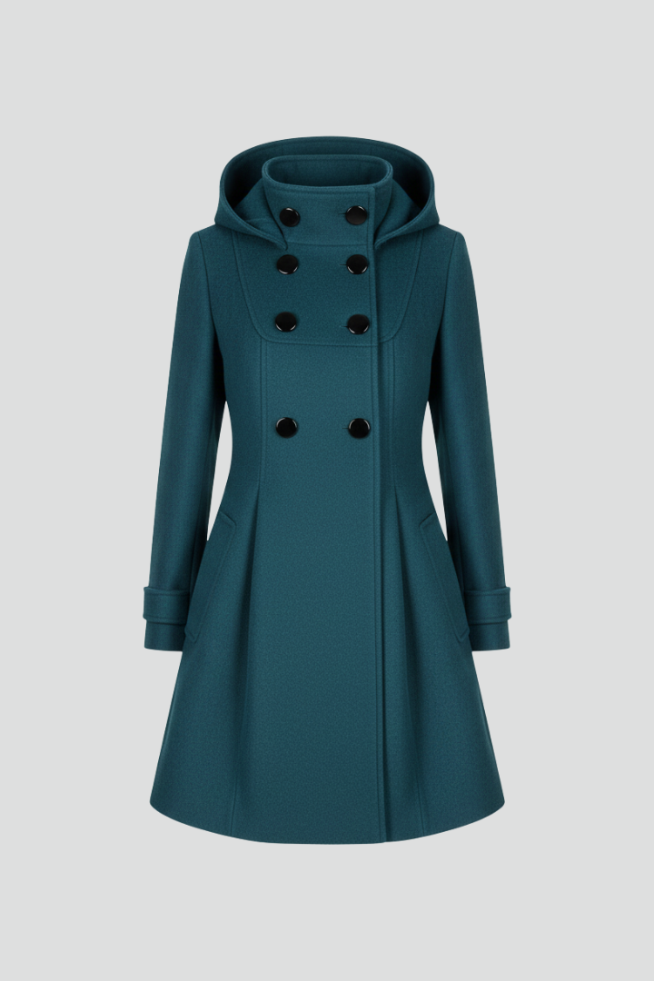Women's Hooded Double Button Fit and Flare Coat