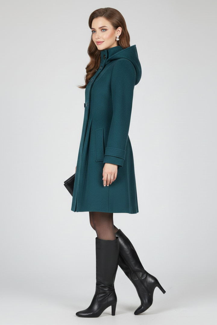 Women's Hooded Double Button Fit and Flare Coat