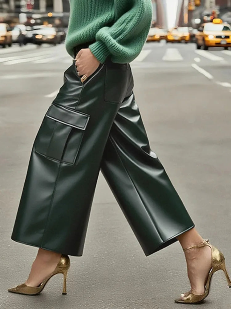 Women's Leather Wide Leg Cargo Trousers