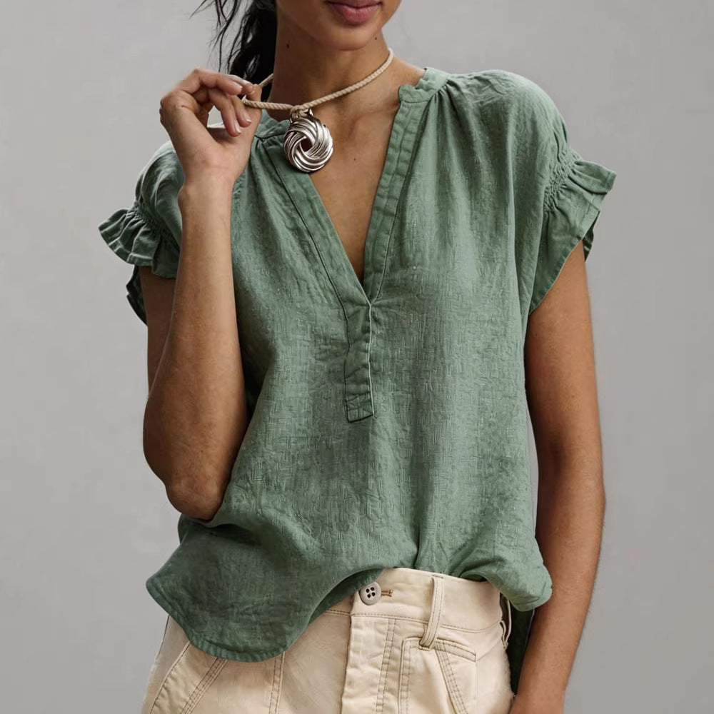 Women's Ruffle Sleeve V-Neck Linen Blouse
