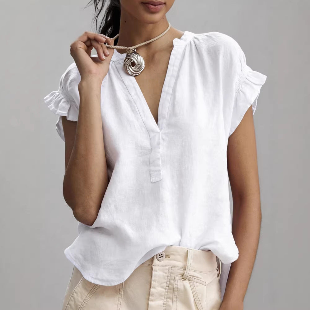 Women's Ruffle Sleeve V-Neck Linen Blouse