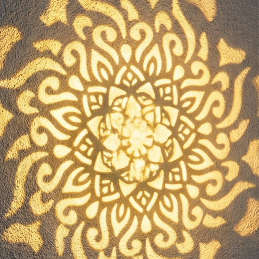 Black cylindrical solar lantern projecting warm patterned light on a wall and patio