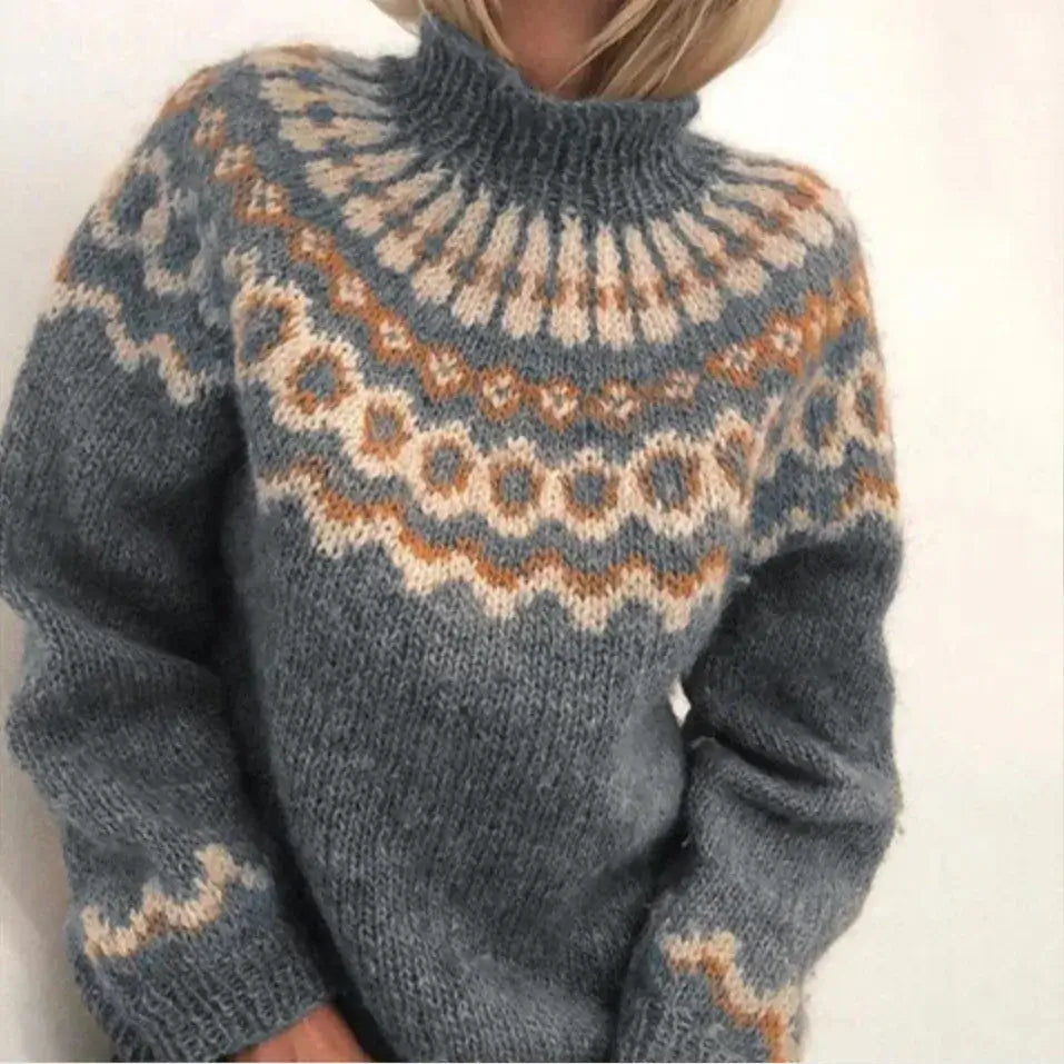 Women's Fair Isle turtleneck sweater with geometric patterned yoke and long sleeves