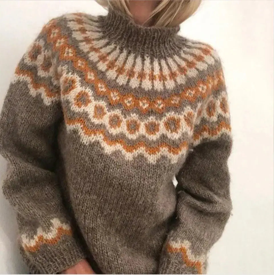 Women's Fair Isle turtleneck sweater with geometric patterned yoke and long sleeves